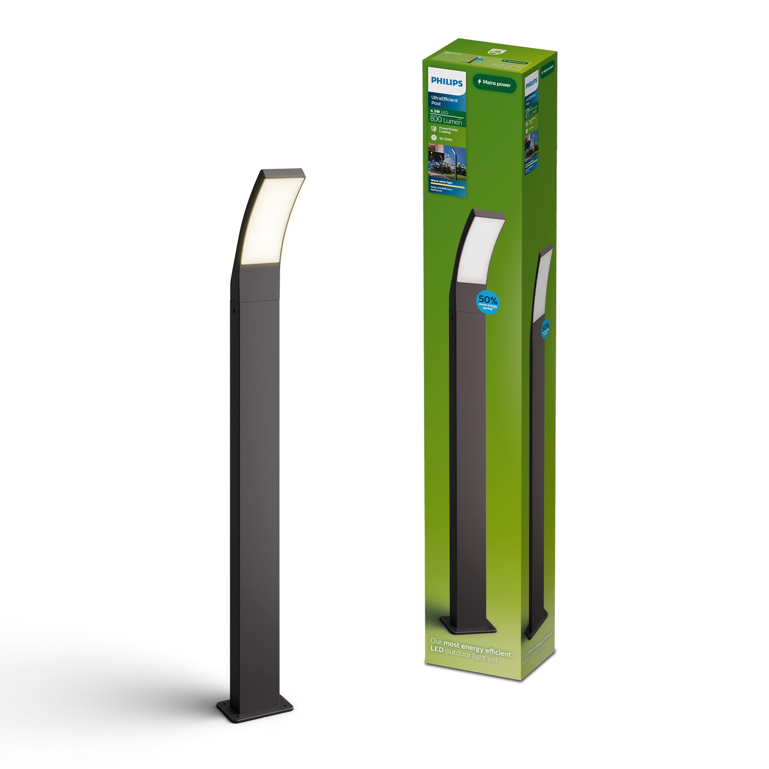Philips Splay Outdoor Post Light, 800 lm, 2700 K, PowerShield, IP44 Weather-Resistant, Durable, Aluminum, Long Lifetime, Built-in LED, Anthracite Gray