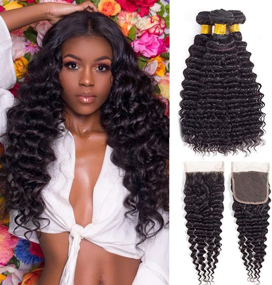 Brazilian Deep Wave 3 Bundles with Closure - Virgin Hair Pineapple Deep Wave Human Hair Deep Curly Bundles with Lace Closure (14 closure+16 18 20)