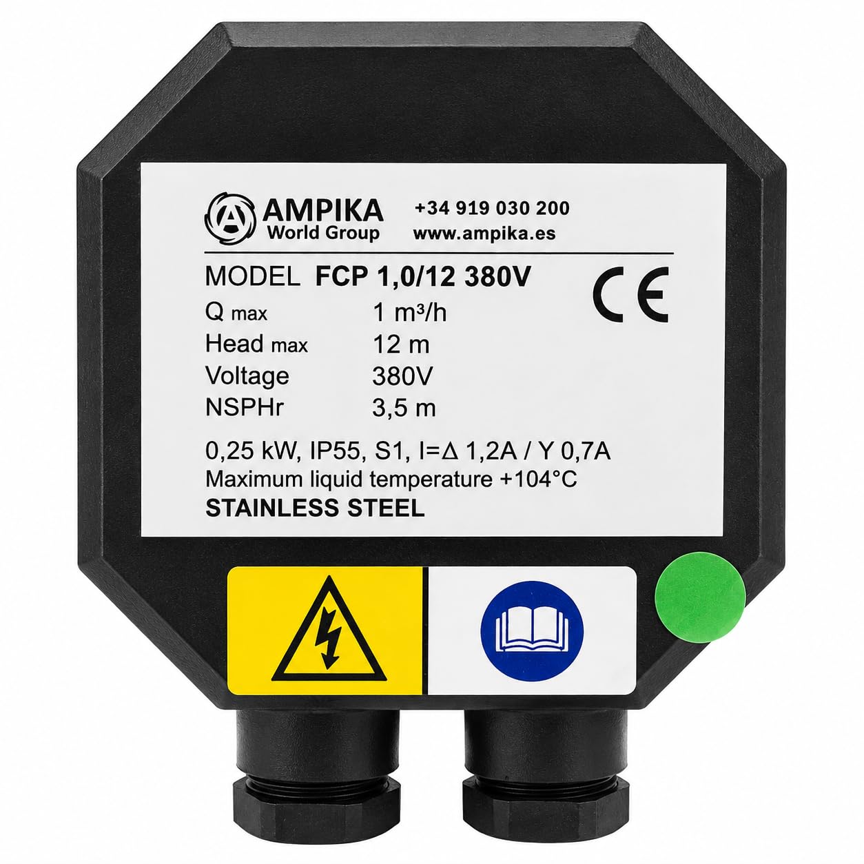 Ampika FCP 1,0/12-АМ 380V - Bomba Centrífuga Autocebante de Acero Inoxidable AISI 304, Apta para Uso Alimentario (Agua, Leche, Zumos), Caudal 1000 L/h, IP55