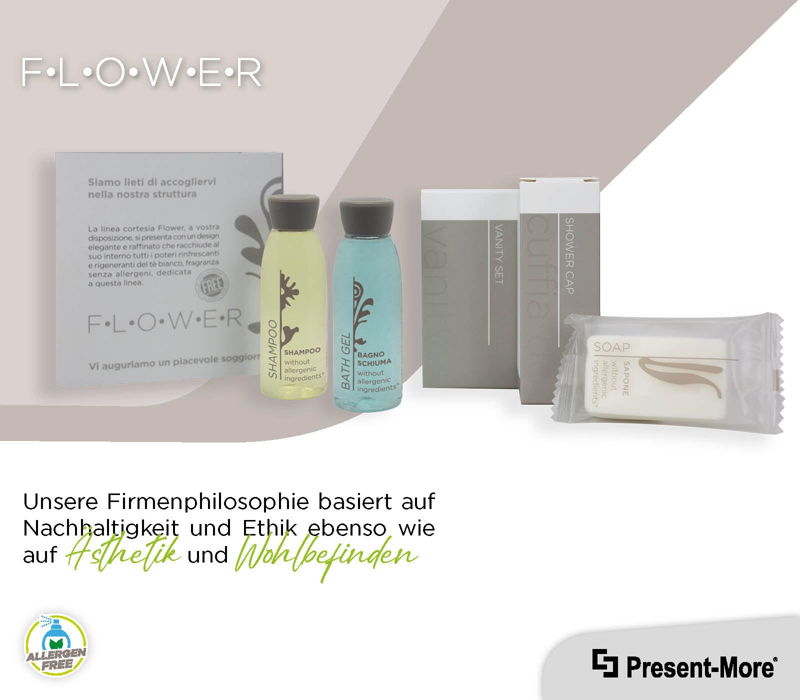 Present-More Amenities Kit Flower - Toilettenartikel 40 Gäste für Hotels und B&B | Allergenfreie Amenities Kit mit Duftnoten von weißer Tee