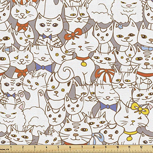 Lunarable Kittens Fabric by The Yard, Doodle Cats with Bow