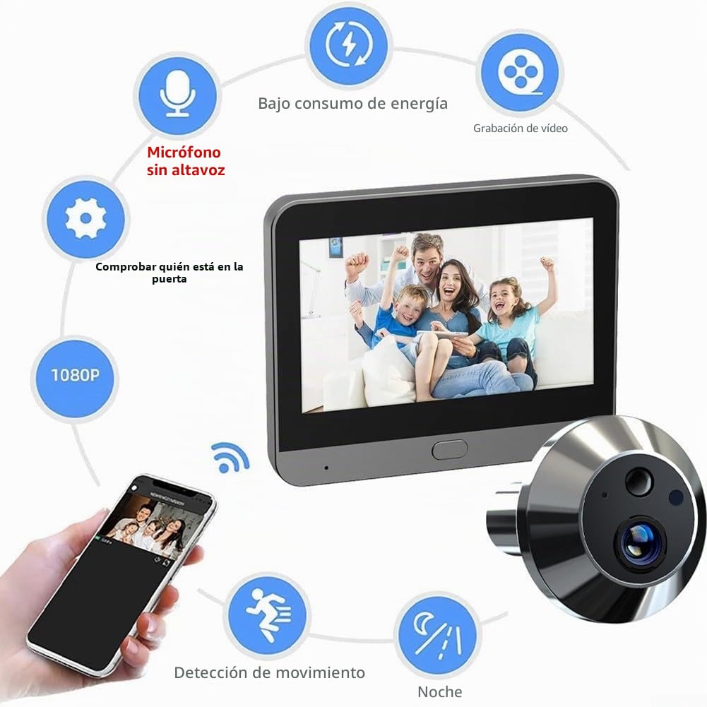 Eawfgtuw Cámara de mirilla inalámbrica con pantalla de 4 3 pulgadas, resolución 1080P, sensor de movimiento PIR para alertas instantáneas y grabación de video, timbre de video inalámbrico, cámara de