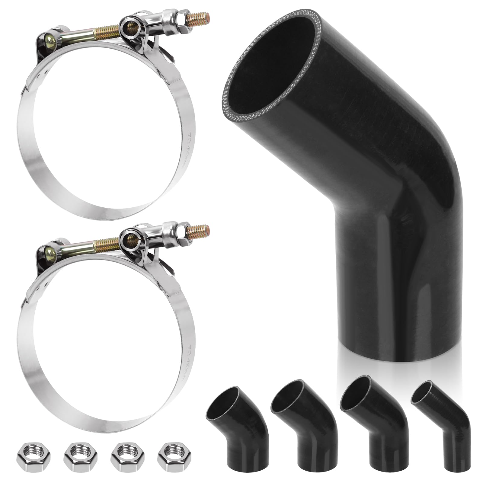 Swpeet 7Pcs 2.5 Inch - 63mm 45 Degree Elbow 4-Ply Reinforced Silicone Hose with 72-80mm T Bolt Hose Clamp and 6mm Hex Nut Kit, Automotive Pure