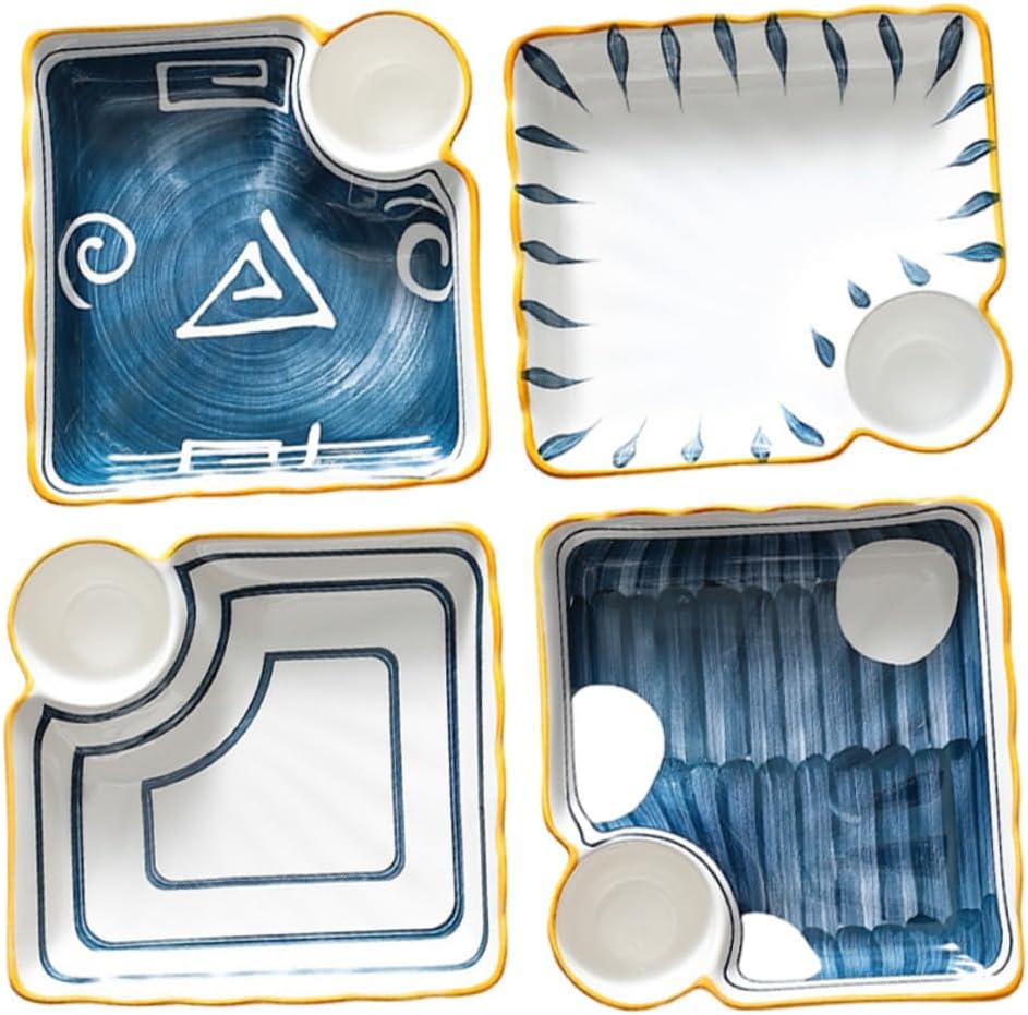 Angoily Ceramic Japanese Sushi Tray and Dipping Plate Set, 4pcs Assorted Japanese Style Sushi Serving Plates for Home Dining and Appetizers Random Color