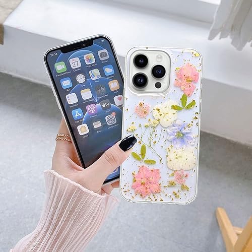 Miniatura 5 de Abbery Funda diseñada para iPhone 13 Pro, bonita funda con purpurina brillante transparente con diseño de silicona suave TPU goma seca flores reales