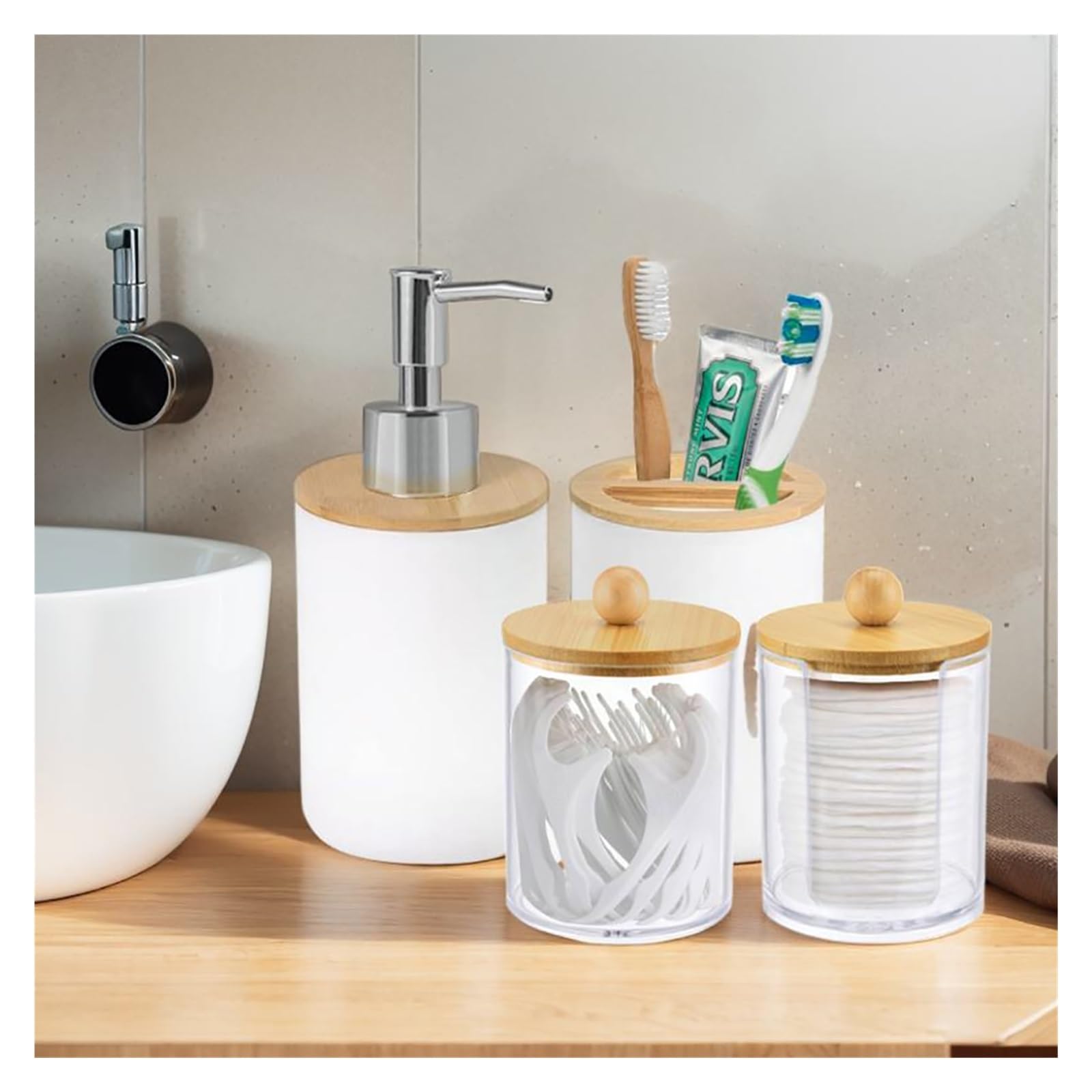 Set Dispensador Jabon Baño Juego de baño con dispensador de jabón, Soporte for Cepillo de Dientes y Caja de algodón for decoración del hogar, Caja de Almacenamiento(White)