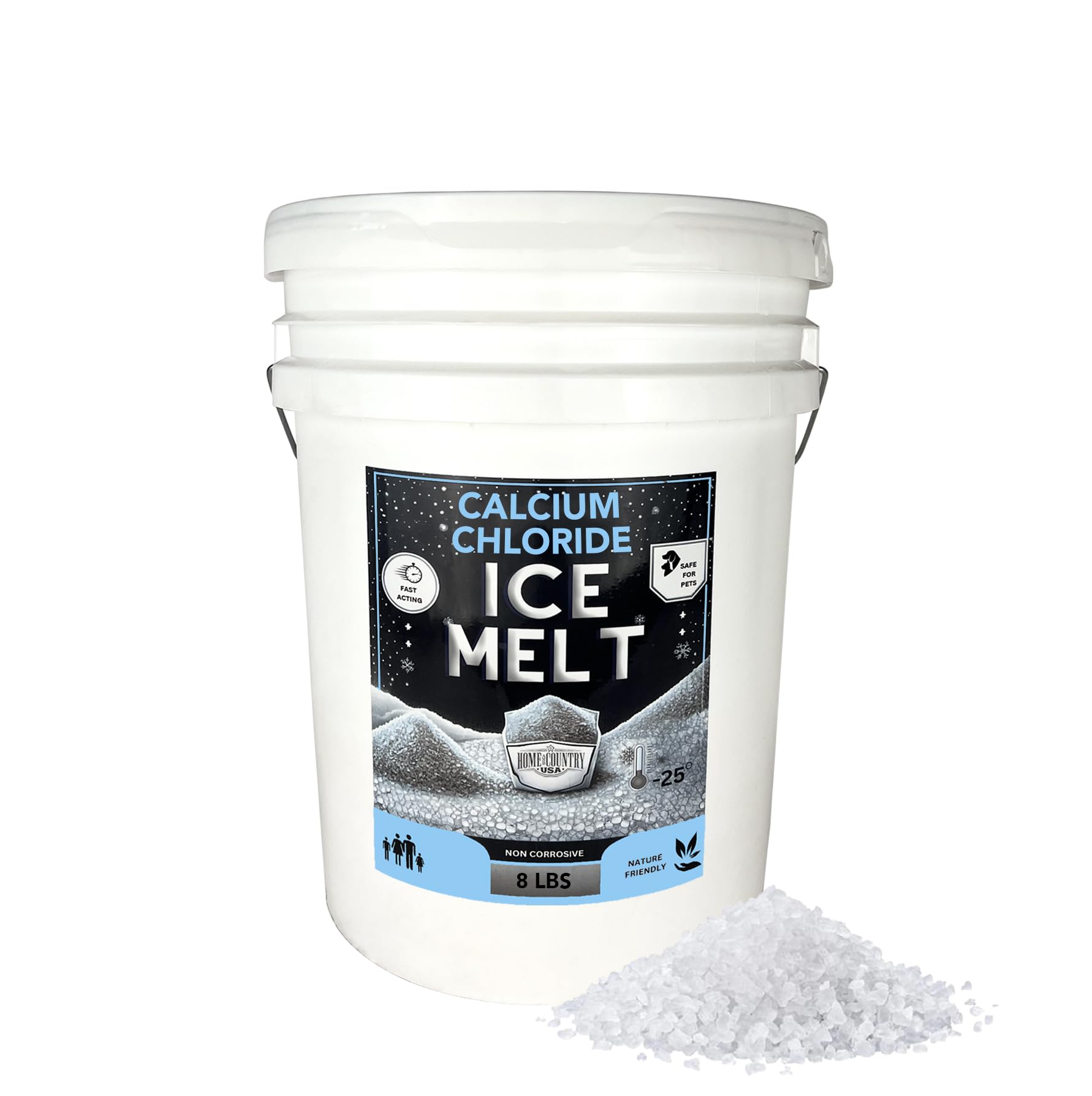 Home and Country USA Pail - Calcium Chloride Pellets for Ice Melt - Fast-Acting &amp; Safe on Surfaces - Ideal for Driveways, Sidewalks, and Entryways (8 Pound)