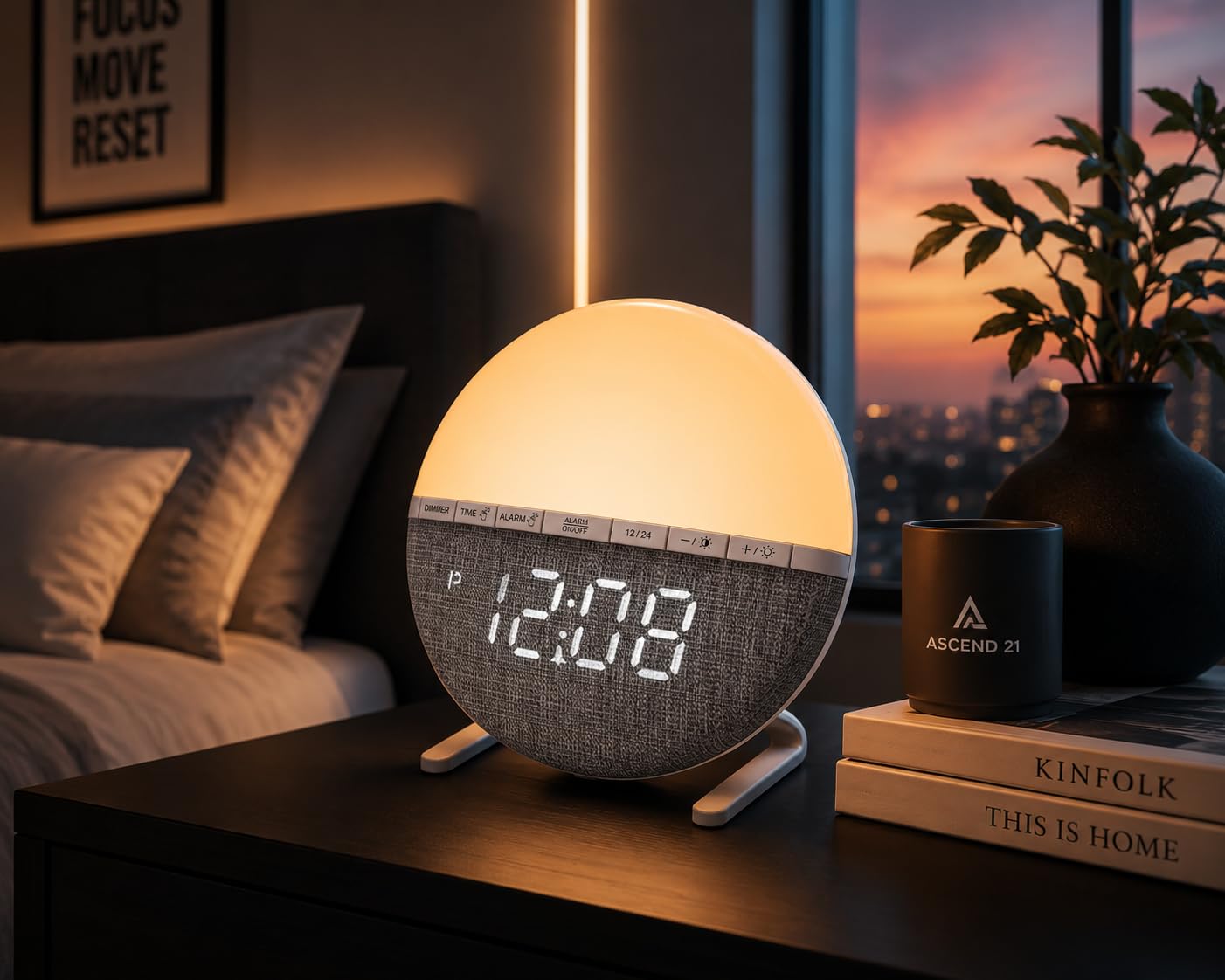 Aurora Clock™ Lichtwecker mit Digitaluhr, Sunrise Simulation, Dimmbares Ambientelicht, USB-Betrieb, Runde Form