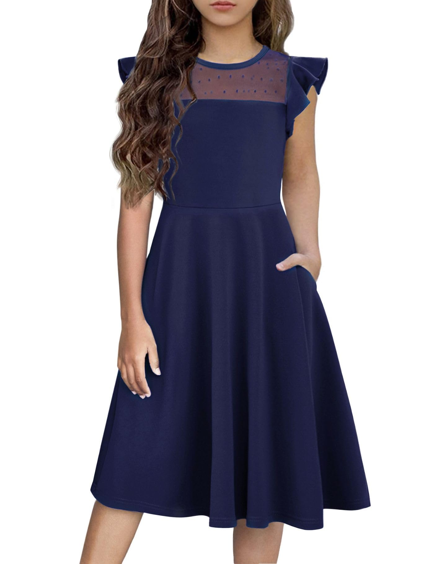 Arshiner Mädchen Kleid Sommerkleid Rüschen Kurzärmel Mesh A Line Casual Partykleider mit Taschen Kinder Kleider für 6-13 Jahre