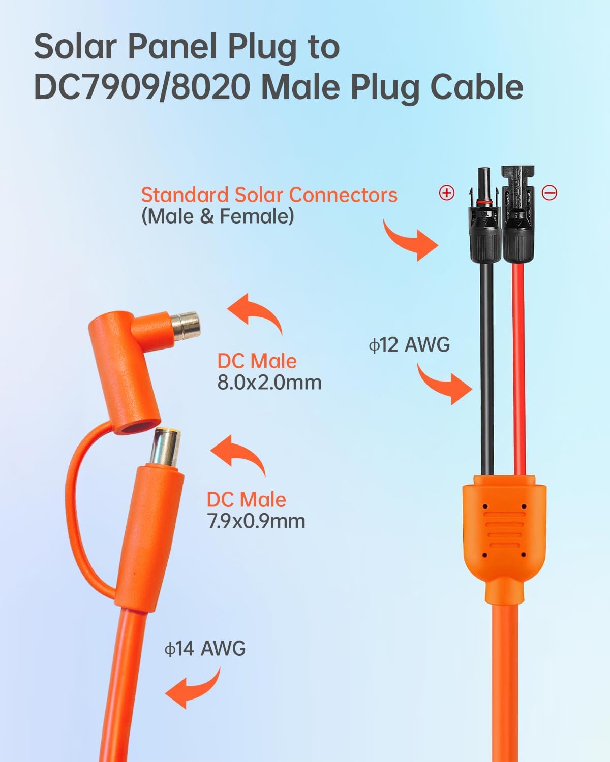 Solar Connector to DC 8mm Adapter Cable, 5M(16.4FT) 12AWG+14AWG Solar Cable Connector to DC8020/DC7909 Compatible with Jackery BLUETTI Anker GZ Yeti Portable Power Station, for Solar Panel