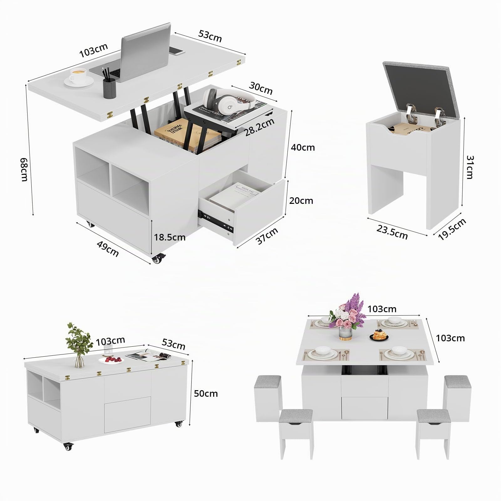VOWNER Mesa de Centro Elevable Extensible (Blanco) | Multifuncional 3 en 1 con Cajón & 4 Taburetes para Comedor