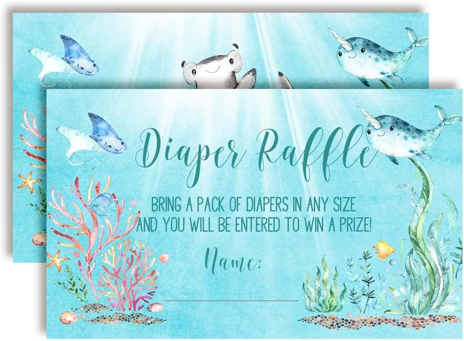 Amanda CreationUnderwater Cute Sea Life Diaper Raffle Tickets for Baby Showers, 20 2" X 3โ Double Sided Insert Cards for Games , Bring a Pack of Diapers to Win Favors & Prizes!
