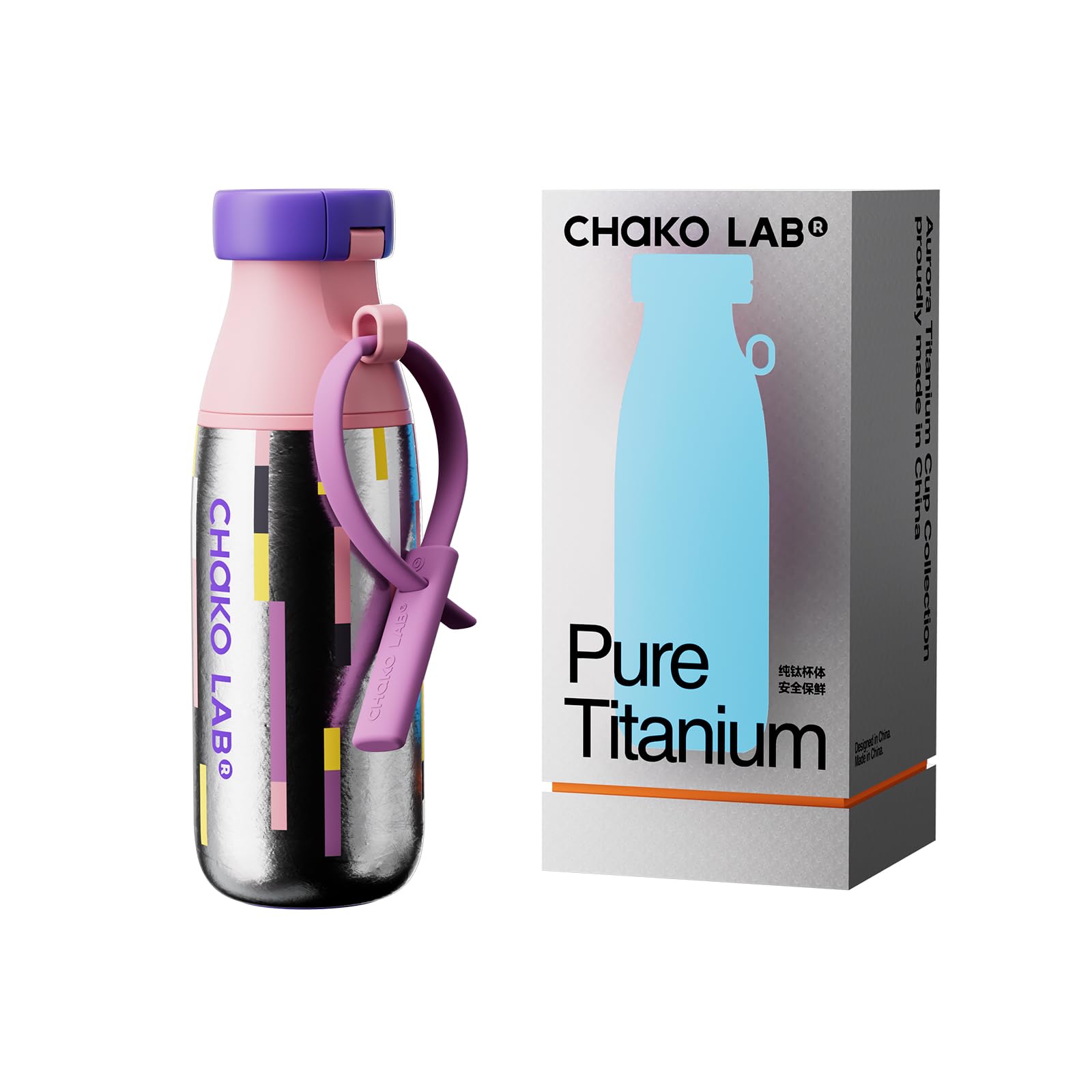 CHAKO LAB Ti Water Bottle with Two Strap | BPA-Free Leak Proof | 17oz Bottle with Spout Lid & Straw | Purple & Pink