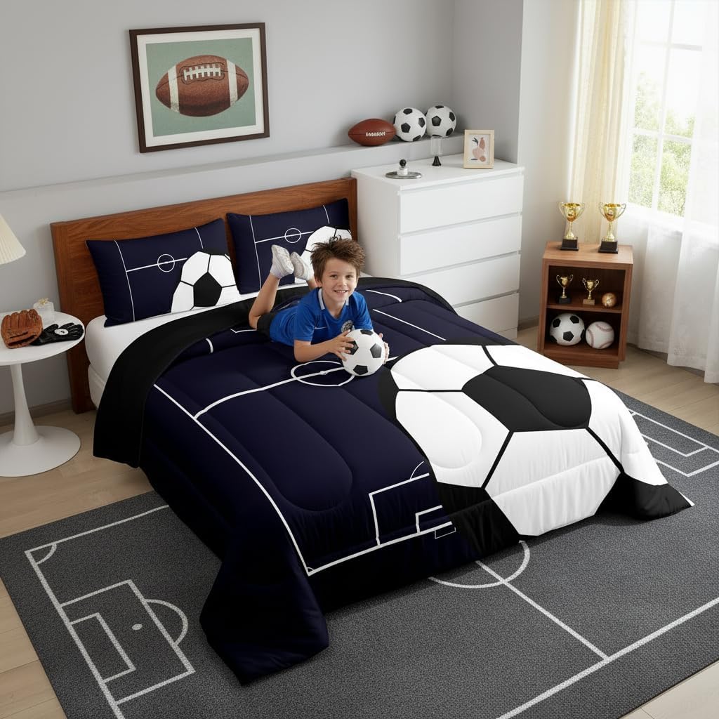 Erosebridal Football Comforter Set Queen Size Kids Soccer Bedding Set for Boys Girls Teens,Sports Theme Bed Comforter Sets Dark Blue Ball Gaming Quilt Bed Set Football Room Decor with 2 Pillowcases