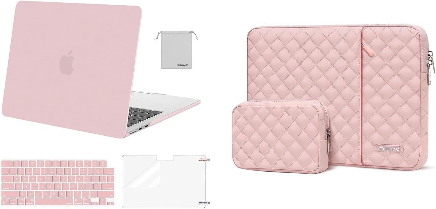 MOSISO Compatible with MacBook Air 13.6 inch Case 2022 2023 A2681 M2, Plastic Hard Case&Square Quilted Vertical Sleeve Bag with Small Case&Keyboard Cover&Screen Protector&Pouch, Baby Pink&Chalk Pink