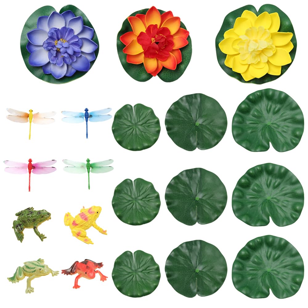 20 Pcs Fiori di Loto Galleggianti,Ninfee Finte Galleggianti,Ninfee Artificiali Impermeabile Fiore di Ninfea e Foglie di Loto con Libellula Rana,Fiori Galleggianti per Piscina, Stagni Decor
