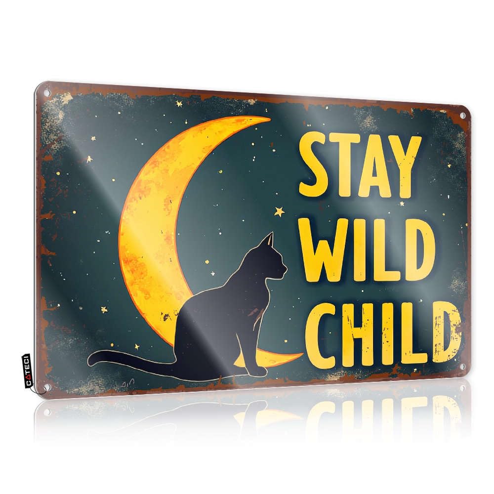 Tinplate Sign For Wall Fan Decor Medieval Fantasy Retro Wall-mounted | Western Hanging & Bar Signs Home : Stay Wild Child With Crescent Moon And Cat Silhouette.