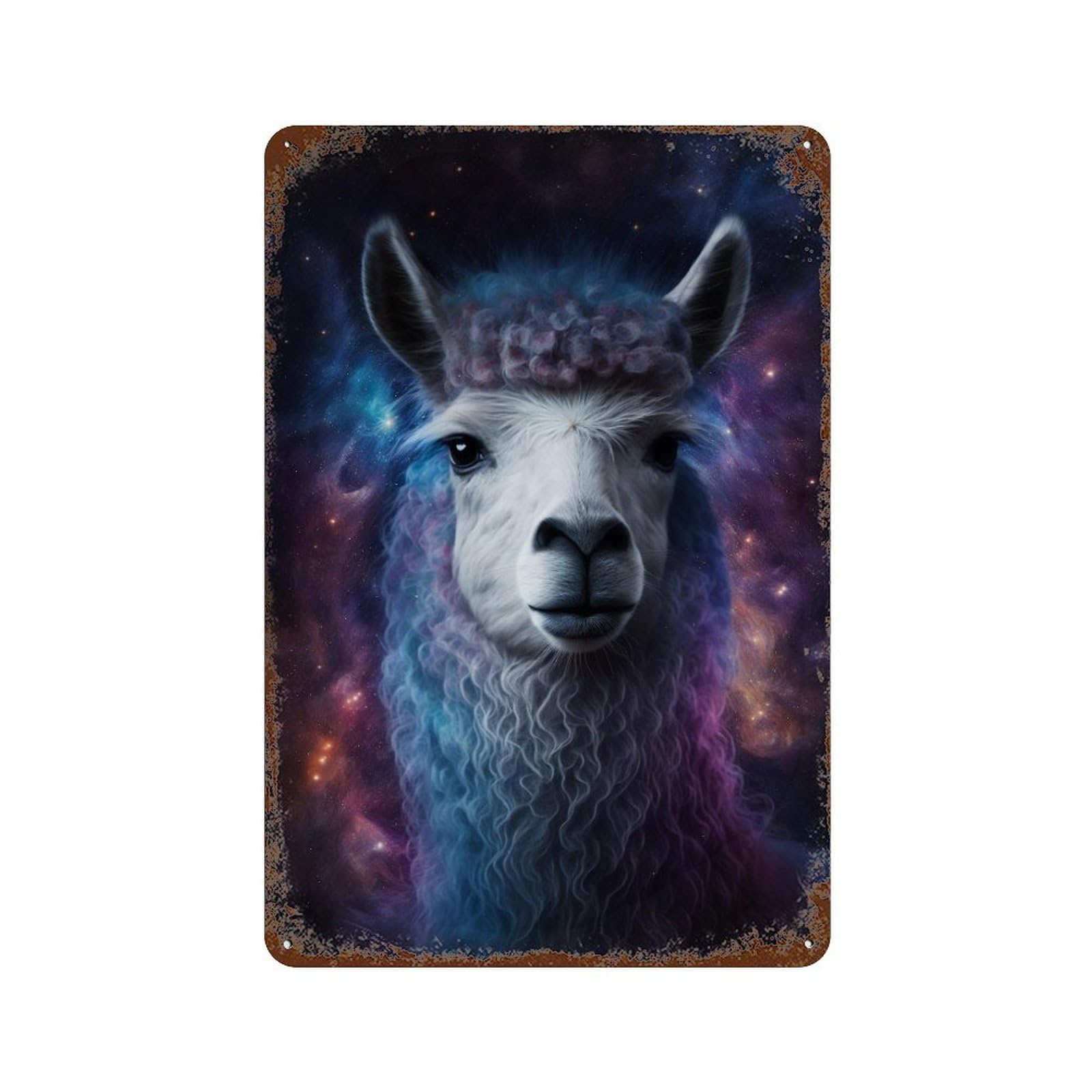 Cosmic Llama Portrait-24 Rust Effect Tin Sign 11.8"x7.9", Decorative Metal Wall Art for Living Room, Hallway And Home Decor