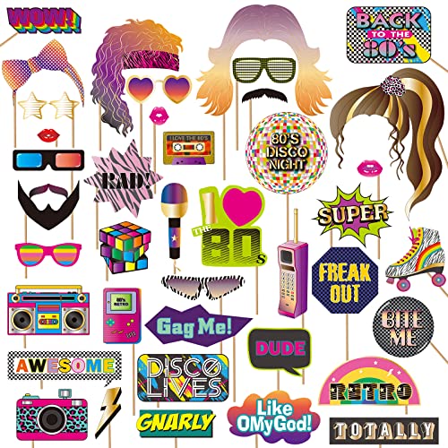 BRT Bearingshui 80s Photo Booth Props, Retro 80's Photo Prop Set, Throwback 80's Photo Booth Prop Set 1980's Theme Party Decorations Supplies Favor