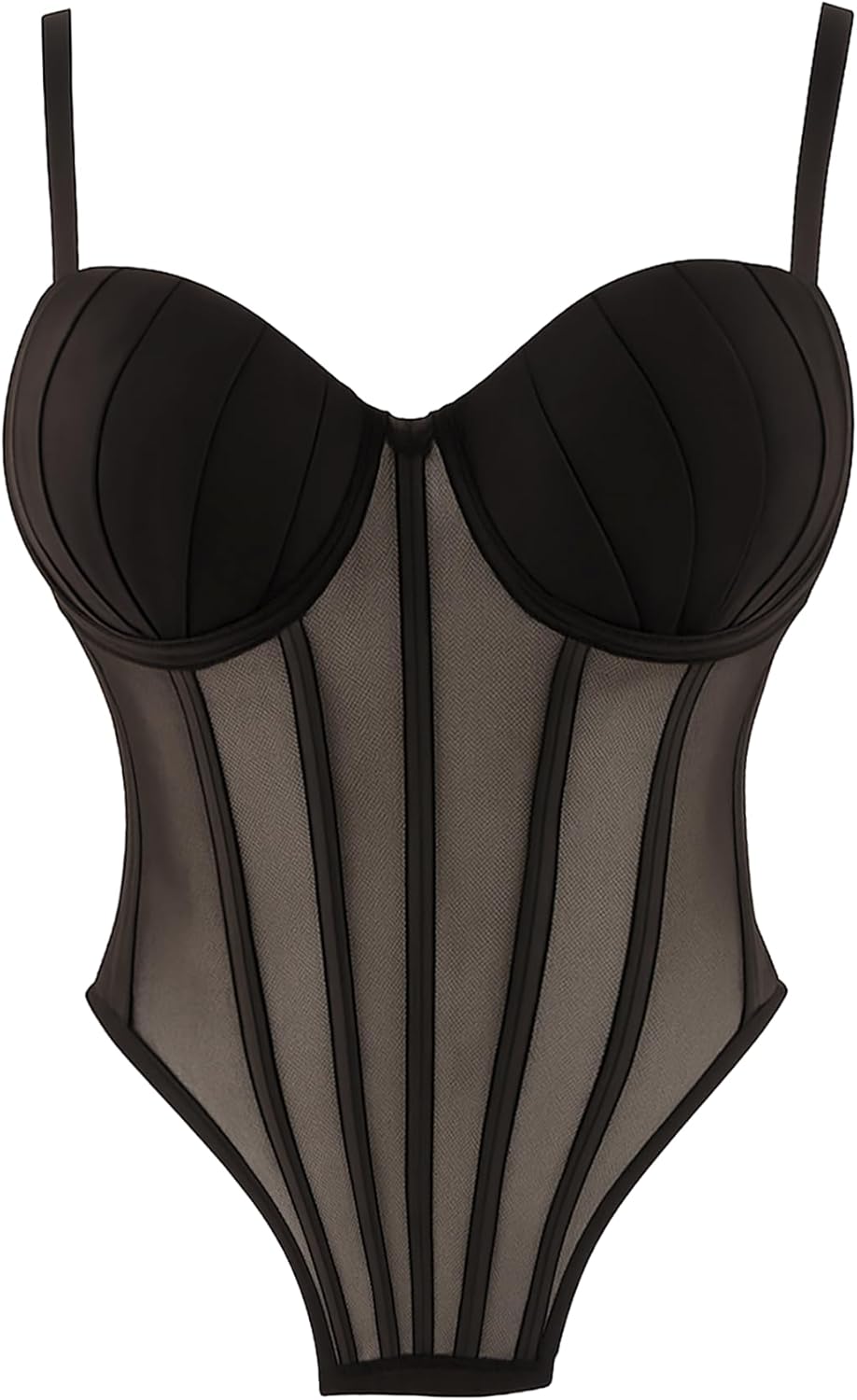 ELLACCI Women's Sheer Mesh Corset Top with Pleated Cups for Party Daily Wear Bustier Black - Image 2