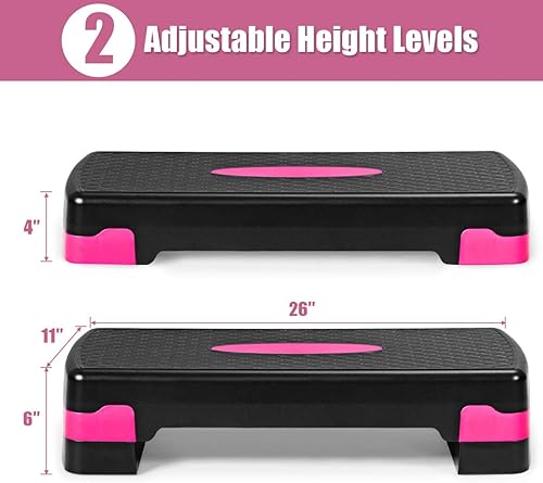Miniatura 6 de Goplus Plataforma escalonada, plataforma de ejercicios aeróbicos ajustable de 26 pulgadas con elevadores y superficie antideslizante, niveles de