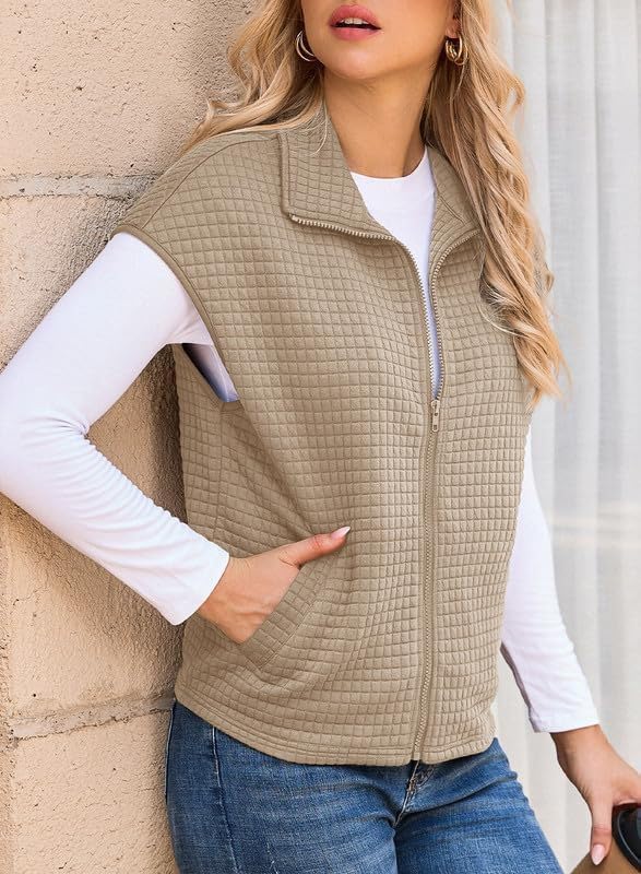 Womens Waffle Knit Vest Tops Zipper Up Side Pockets Sleeveless Oversized Vests Outerwear Fall