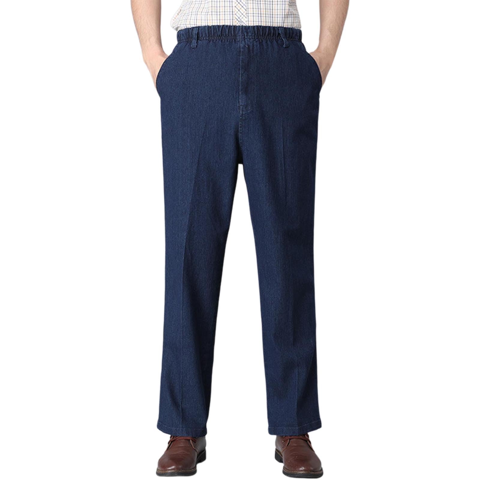 Mens Elastic Waist Jeans Plus Size Stretch Straight Fit Baggy Denim Pants Loose Breathable Relaxed Button Zip Work