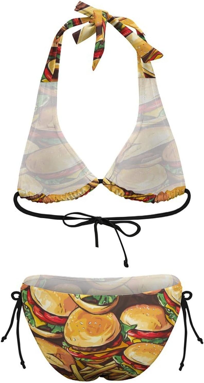 Hamburgers French Fries Novelty Women's 2 Piece String Bikini Set Swimsuits Bathing Suit Swimwear