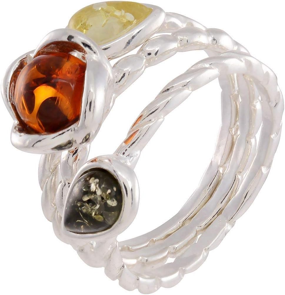 Holiday Gift Shops Set of Three Sterling Silver and Baltic Multicolored Amber Rings- Size 9