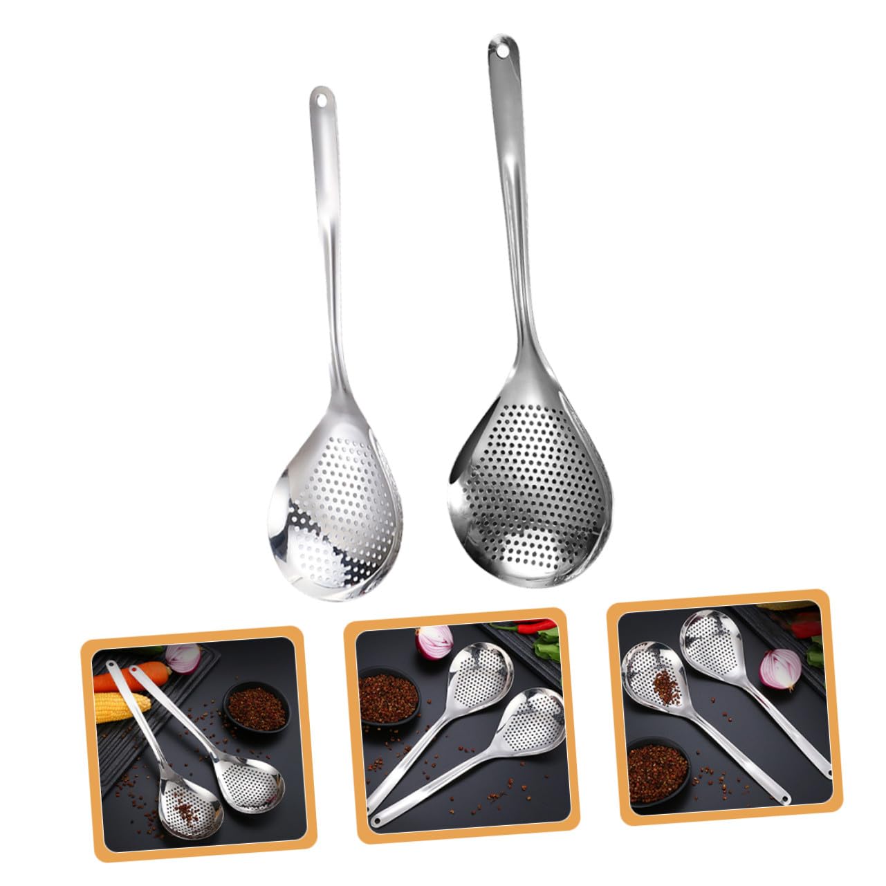2piezas Colador De Acero Inoxidable Mango Cómodo y Orificio Para Colgar Cuchara Coladora Para Pasta Cuchara De Cocina Para Alimentos Horneados