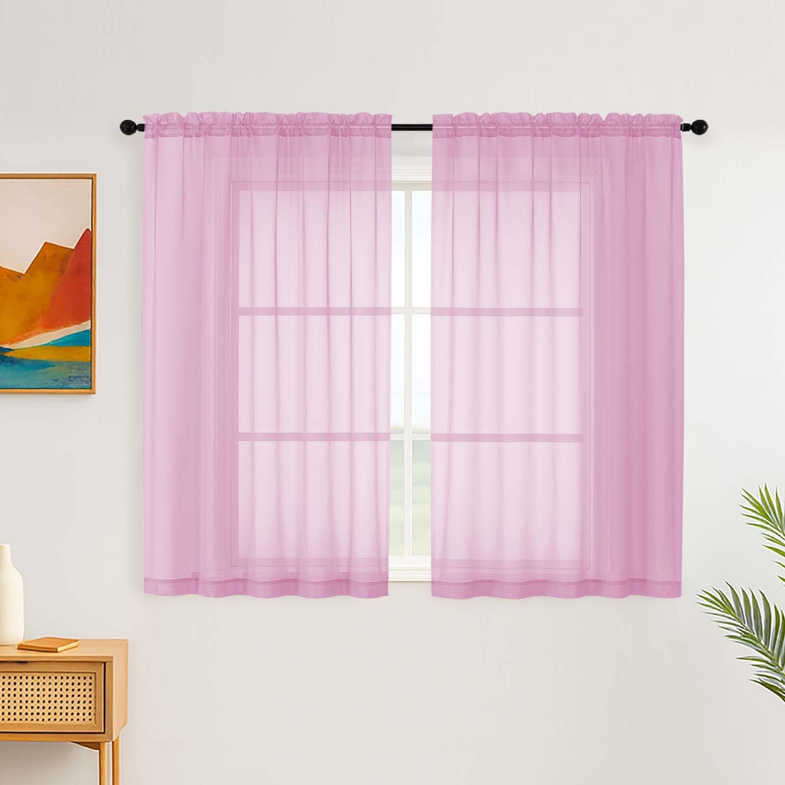 Simplebrand Pink Short Sheer Curtains, Net curtains for Windows 122 cm Drop, 2 Panels Set - Light Filtering, Elegant Rod Pocket Window Curtains for Bedroom, Living Room (Pink, 150cm W x 122cm L) โ image 1