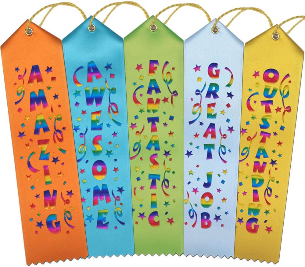 RibbonsNow Fun Award Ribbons - 50 Total Ribbons - 10 Each of Amazing, Awesome, Fantastic, Great Job, and Outstanding with Card & String : Office Products