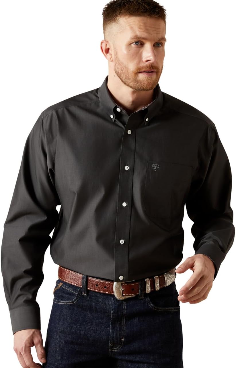 ARIAT Men Wrinkle Free Solid Pinpoint Oxford Classic Fit Shirt Black
