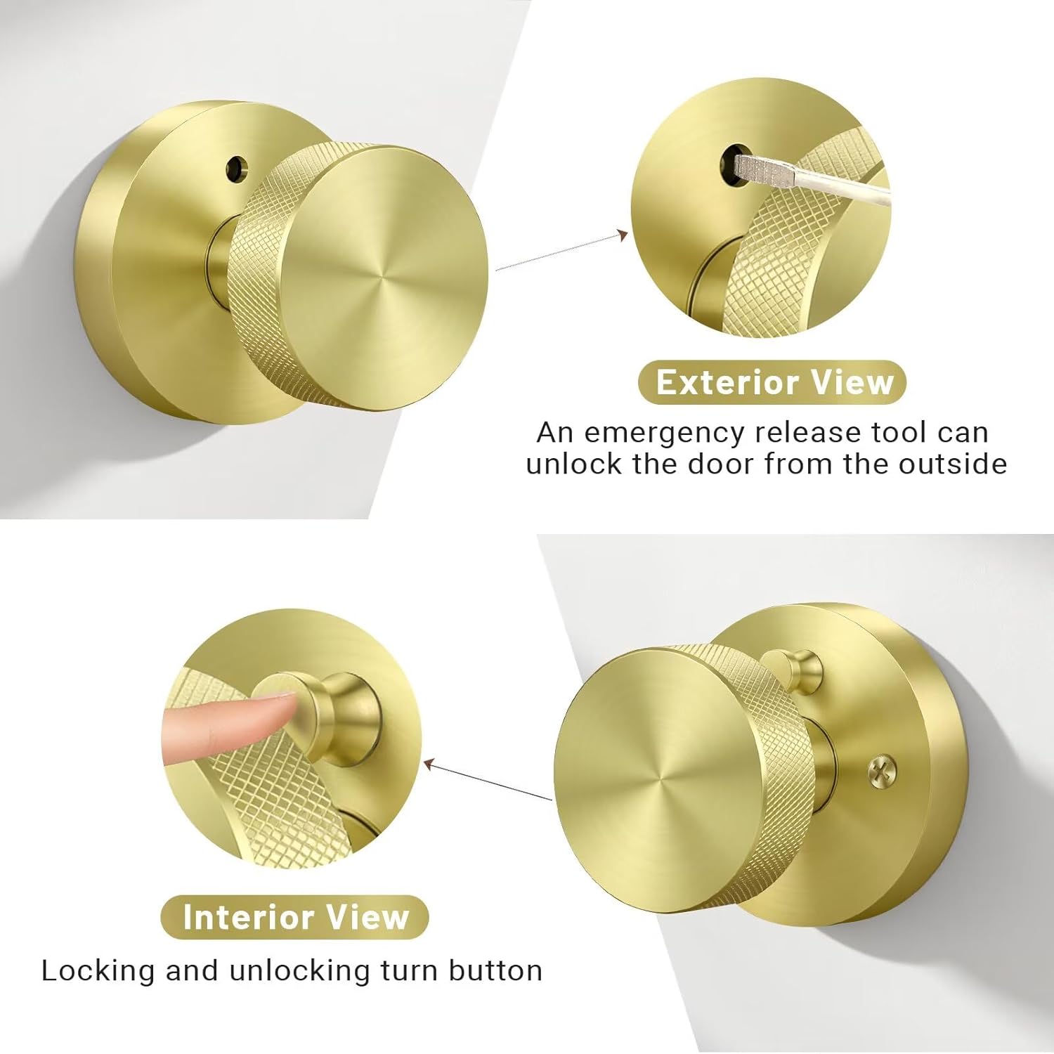 Knobonly 6 Pack Gold Door Knobs Interior, Privacy Door knobs with Lock, Round Door Knobs for Bedroom and Bathroom, Brass Door Handles Zinc Alloy