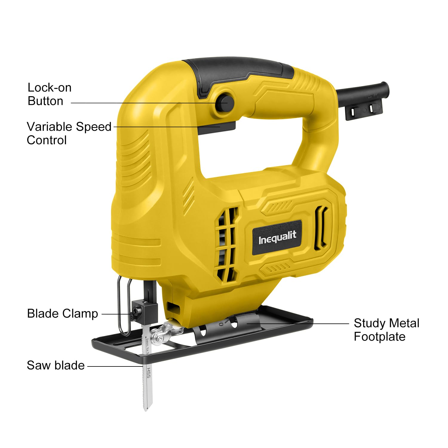 Scie Sauteuse 400W Avec Variateur De Vitesse (0-3000 CPM) + Angle De Coupe Réglable (±45°) + Fonction Verrouillage + 3 Lames Incluses (Bois/Métal/Pvc)​,Jaune
