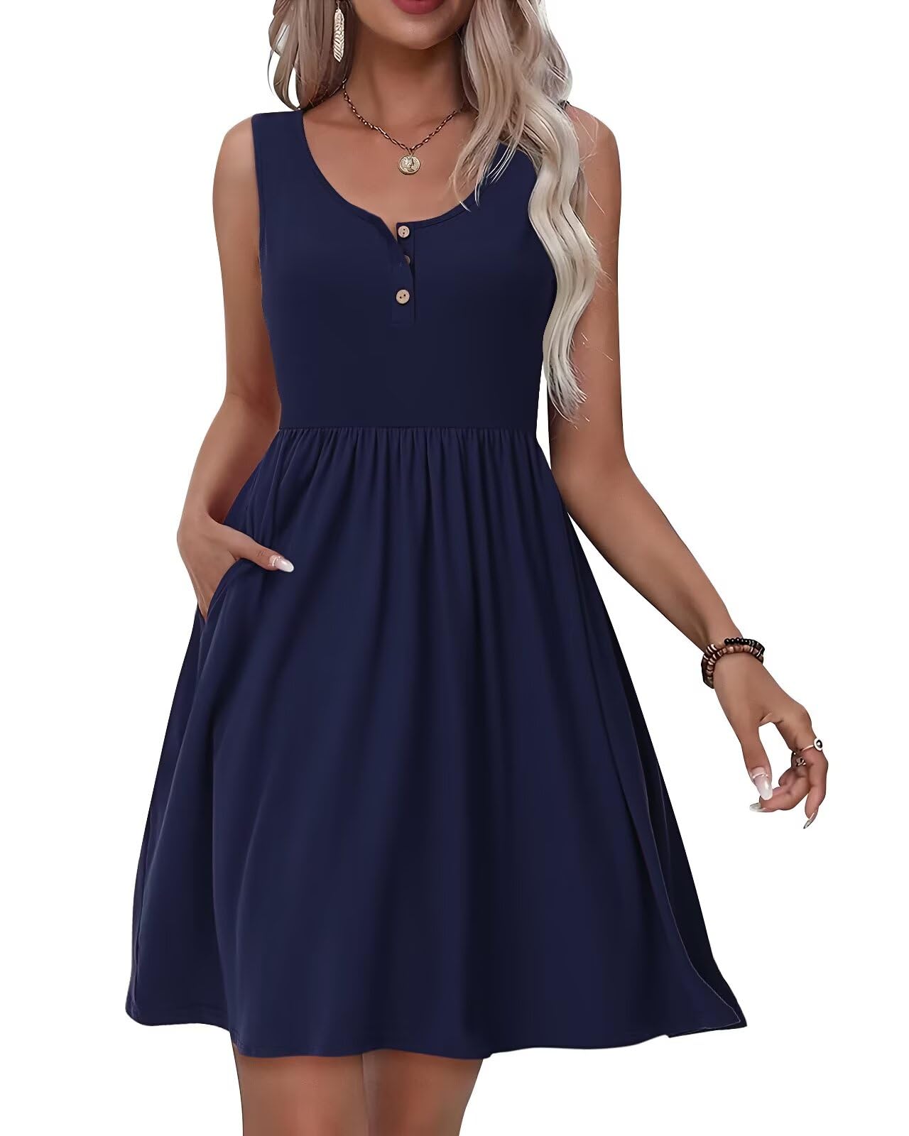 Tanmolo Kleid Damen Sommer Knielang Freizeitkleider Knopf Tank Kleid Mit Taschen Elastic Dress