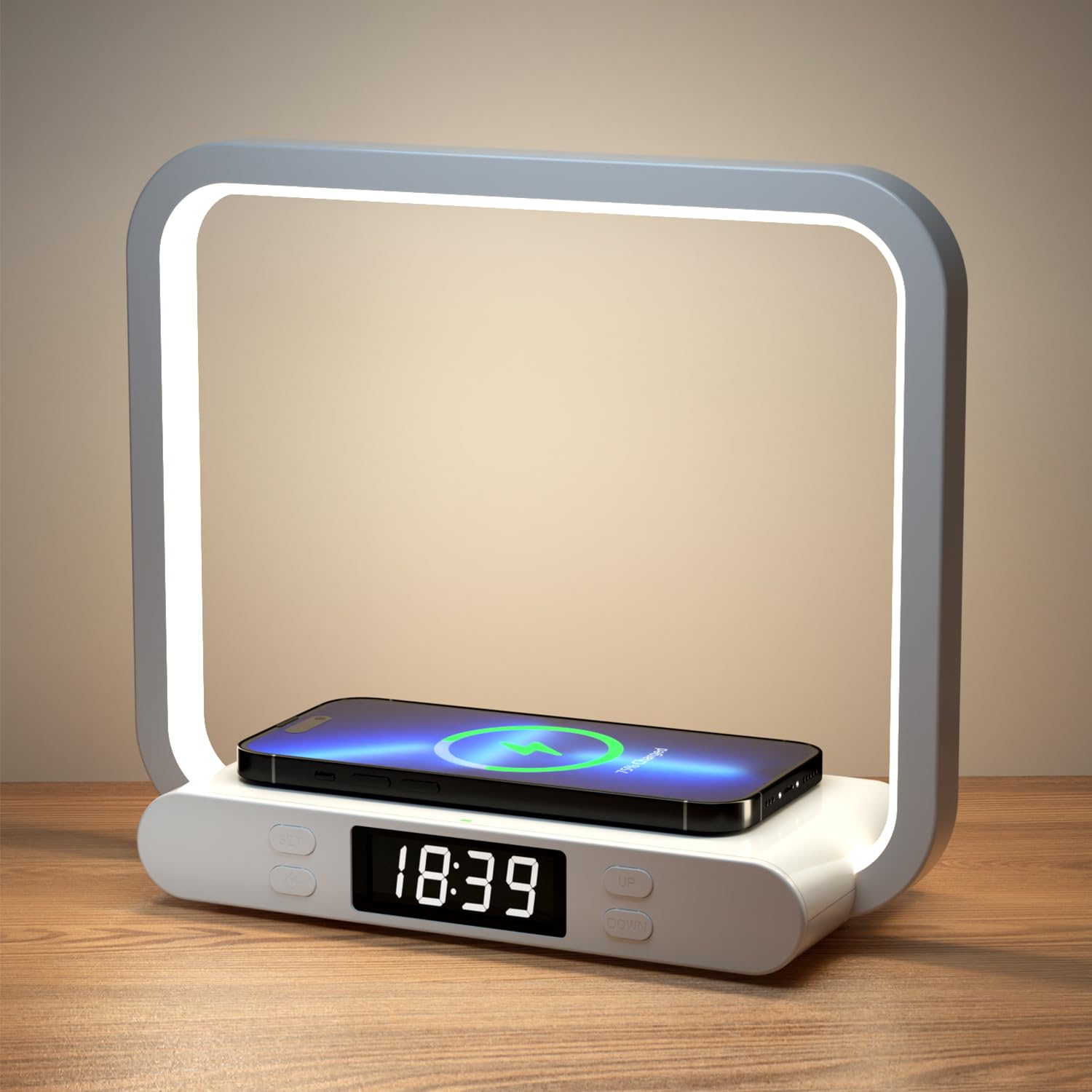 VOSFEEL Lámpara de noche con función de carga, 4 en 1 táctil, regulable con reloj de luz nocturna, 15 W, carga inalámbrica con puerto USB, lámpara de mesa para dormitorio, salón, oficina