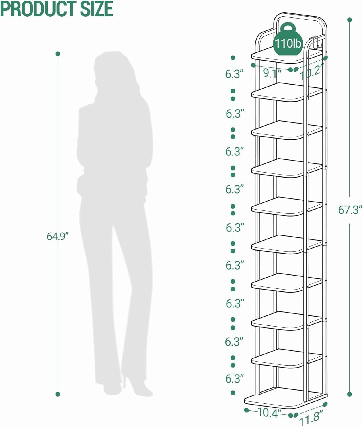 10 Tiers Vertical Shoe Rack, Narrow Shoe Tower, Tall Shoes Shelf with 2 Hooks, Adjustable Shelves, Corner Shoes Shelves for Small Spaces, Entryway, Living Room, White Gold SR11213A