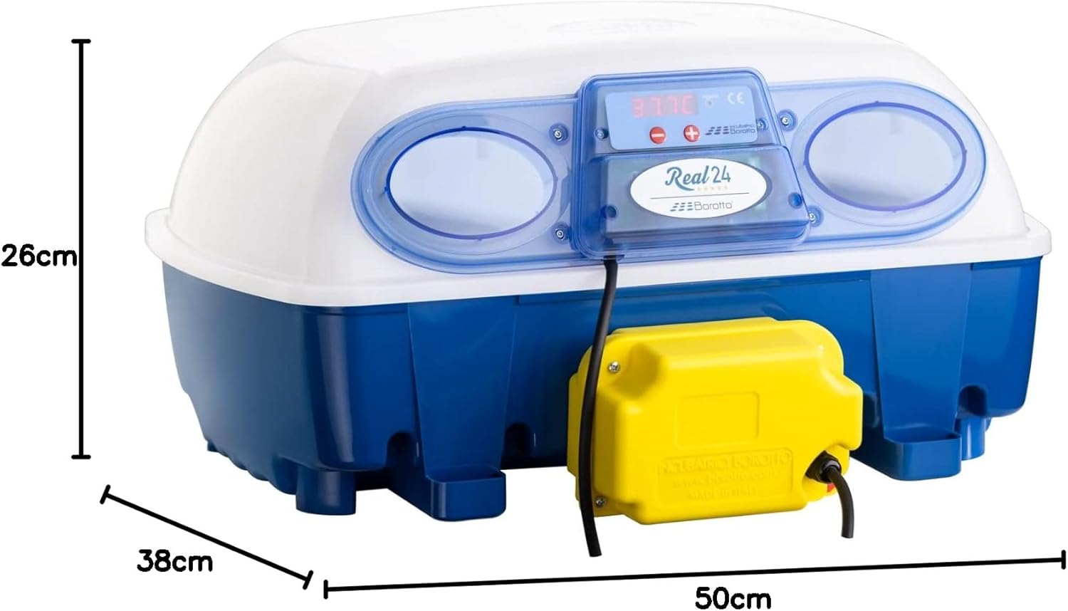 Close-up of the Borotto REAL 24 Automatic Incubator's control panel, showing a digital temperature display and adjustment buttons.