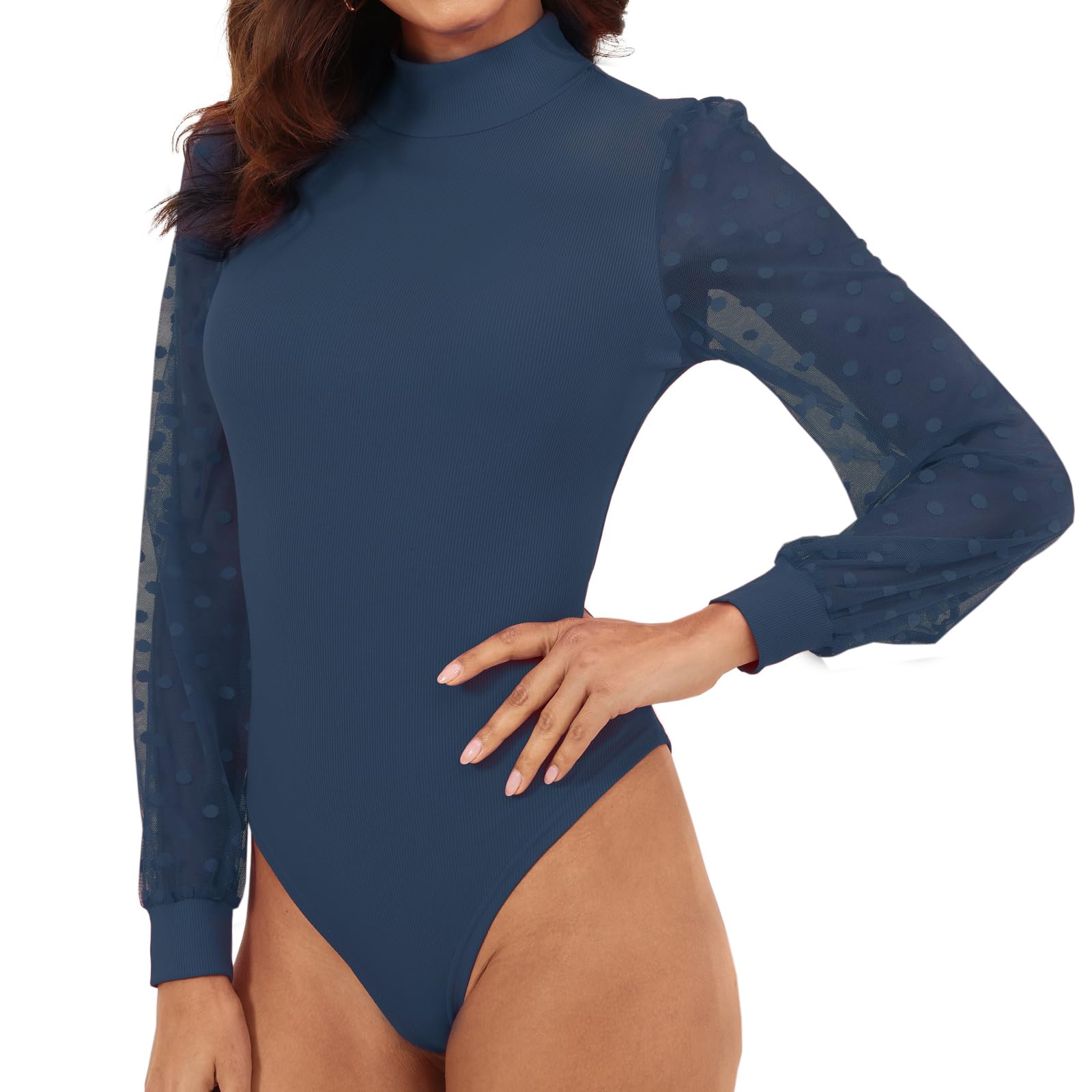 Damen-Body mit Rollkragen, gepunktet, durchscheinendes Netzgewebe, langärmelig, gerippt