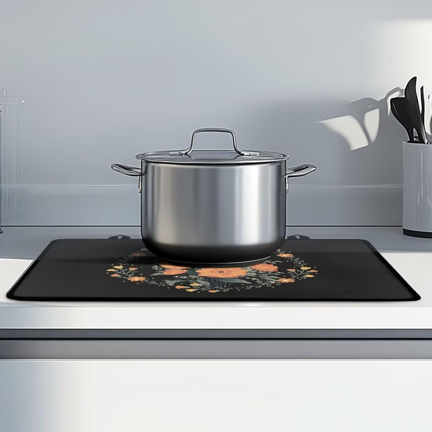 Electric Stove Top Cover Induction Cooktop Mat Anti-Scratch Glass Ceramic Top Stove Cover Protector Polyester Surface Rubber Backing Flat Top Stove Cover, 29 x 21 Inch, Floral Black