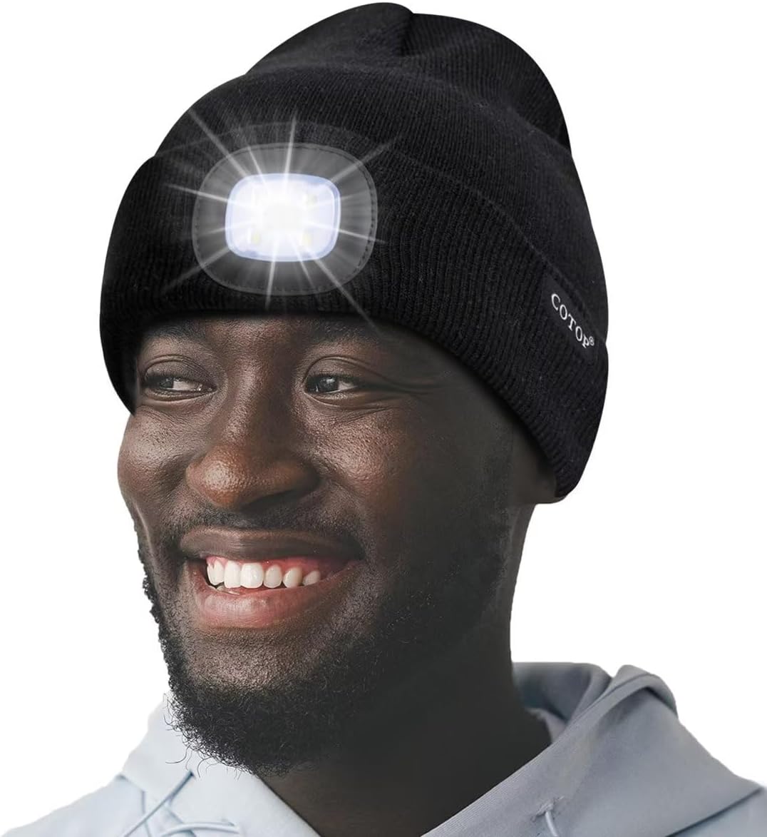 COTOP LED Beanie with Light,USB Rechargeable Hat Hands Free 4 LED Headlamp Cap Winter Knitted Night Lighted Hat Flashlight Women Men Gifts for Dad Him Husband