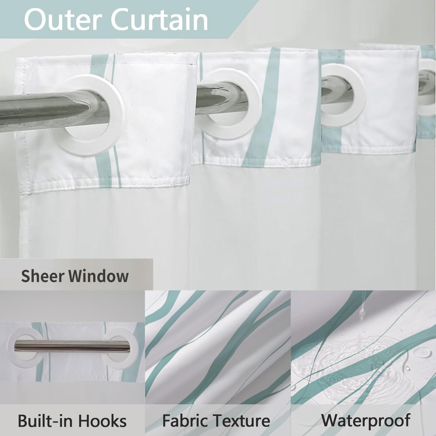 No Hook Shower Curtain with Snap in Liner Set, Teal and White Striped Design, Waterproof Washable Fabric Hotel Shower Curtains for Bathroom Decor with See Through Mesh Top Window 71x74 Inch