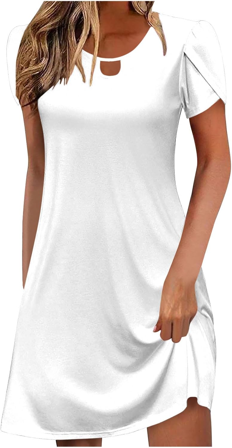 Women's Short Sleeve Mini Dress Crewneck Keyhole Flowy Casual Solid Color Mini Dresses Pullover Beach Loose Outfits