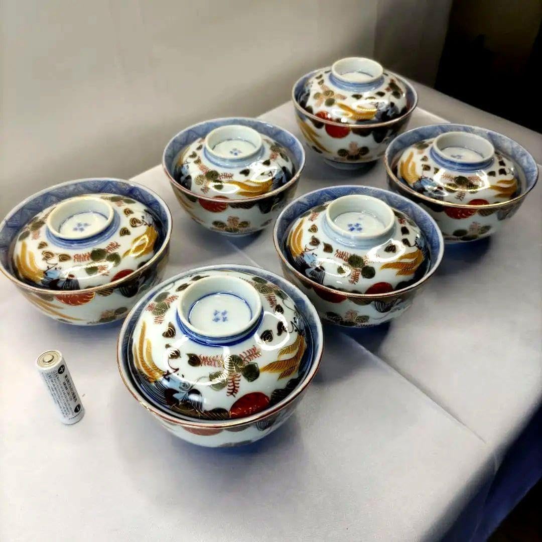 有田焼　貞泉窯　染付唐草　色絵鳳凰　蓋付き煮物碗揃　六客　古伊万里　中鉢　深皿 有田焼 貞泉窯 染付唐草 色絵鳳凰 蓋付き煮物碗揃 六客