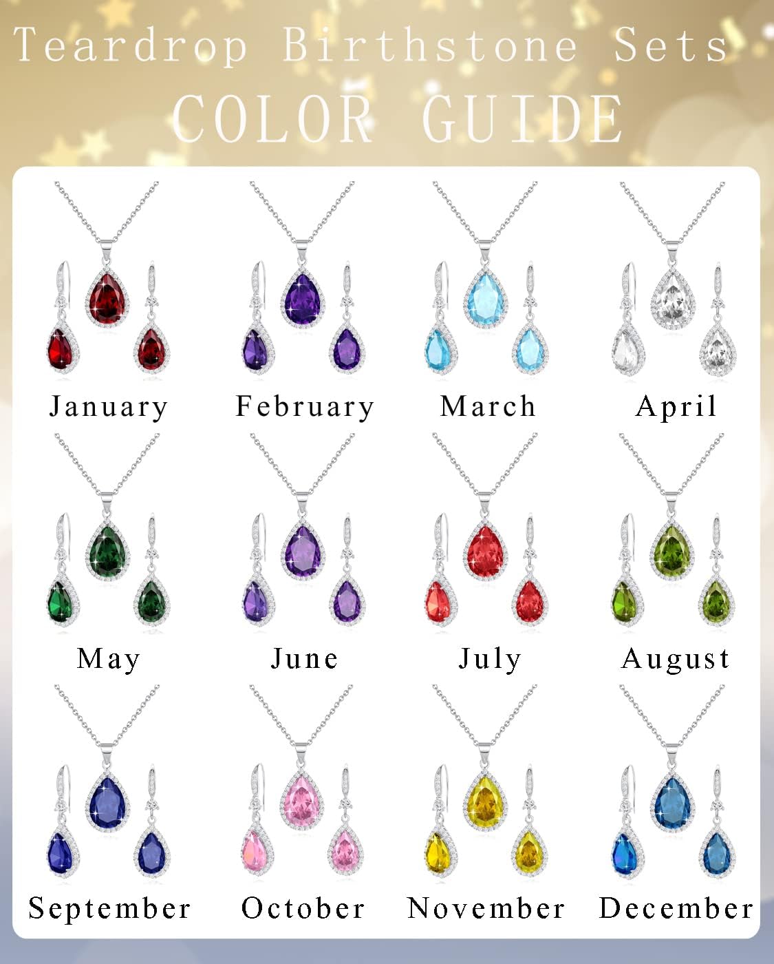 Women Jewelry Set Silver/Gold Plated Teardrop Pendant Necklace Dangle Drop Earrings Dangling Sets Birthstone Crystals Rhinestone,Birthday Anniversary Wedding Mother’s Day Gifts for Women - Image 6