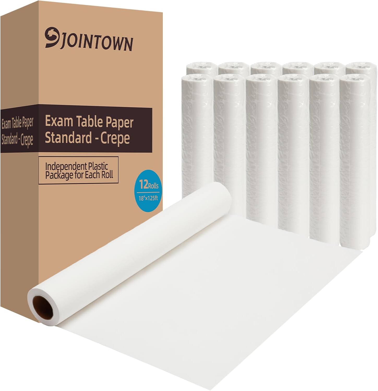 Jointown Exam Table Paper, Crepe Table Paper 18 in X 125 ft, Case of 12 Rolls-Barrier Protection-Independent Plastic Package-Hygienic, Disposable, Reliable For Medical, Exam And Chiropractic Tables