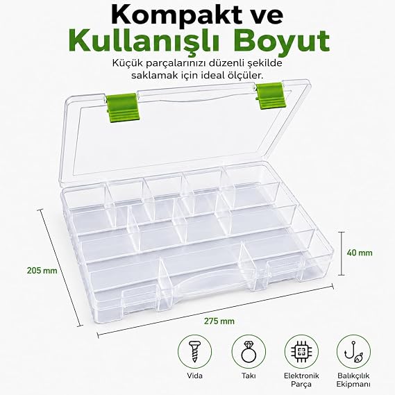 13 Bölmeli Organizer Kutu - Ayarlanabilir Bölmeli Şeffaf Saklama ve Düzenleme Kutusu, Takı, Boncuk, Vida, Hobi ve Küçük Parçalar İçin Kapaklı Organizer