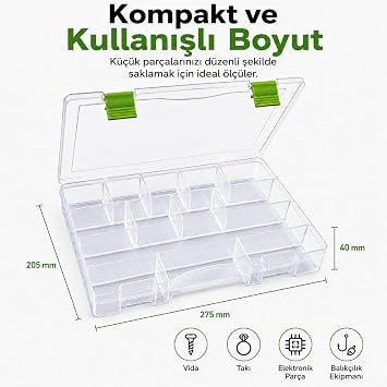 13 Bölmeli Organizer Kutu - Ayarlanabilir Bölmeli Şeffaf Saklama ve Düzenleme Kutusu, Takı, Boncuk, Vida, Hobi ve Küçük Parçalar İçin Kapaklı Organizer