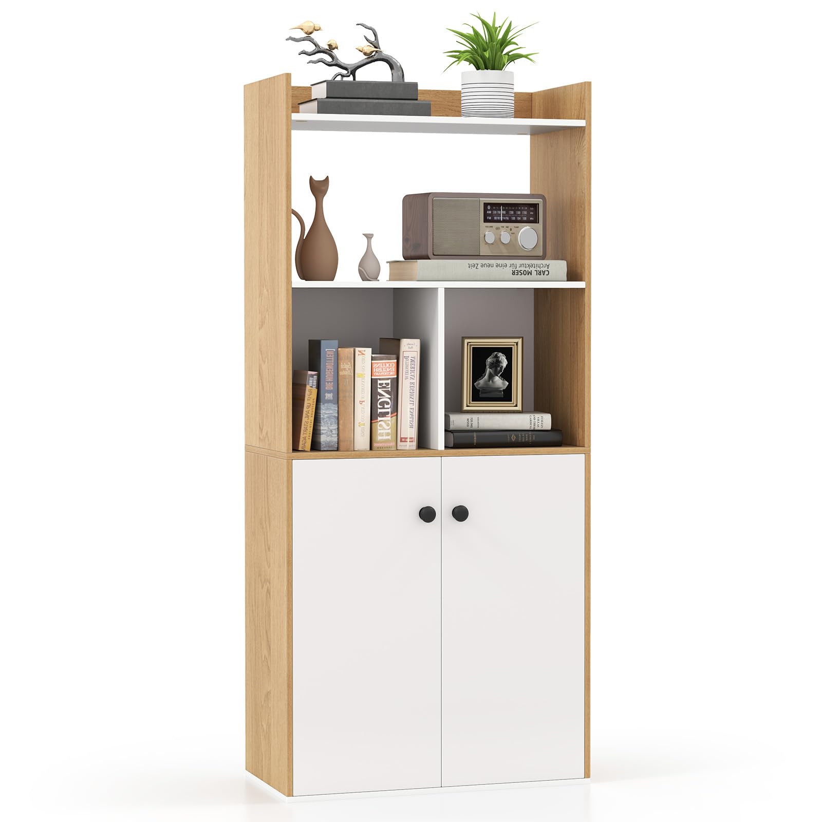 COSTWAY Estantería para Libros, Librería con Gabinete de 2 Puertas, Estantería Alto de 3 Niveles, Almacén Cocina para Sala de Estar, Dormitorio, Estudio, Cocina, 60 x 30 x 133 cm (Blanco y Natural)